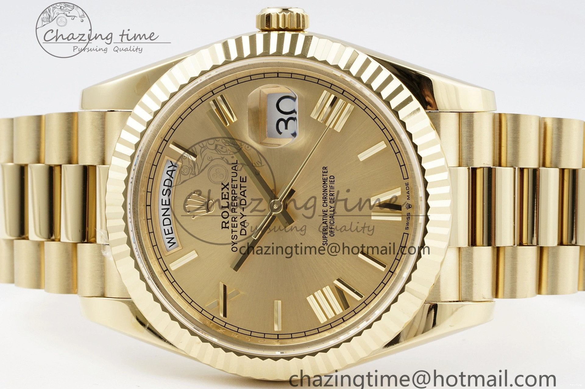 MiroTime 0505 Comfortable DayDate 40 YG JDF Gain Weight 904L Steel YG Dial Roman Markers on President Bracelet A2836 V 1821